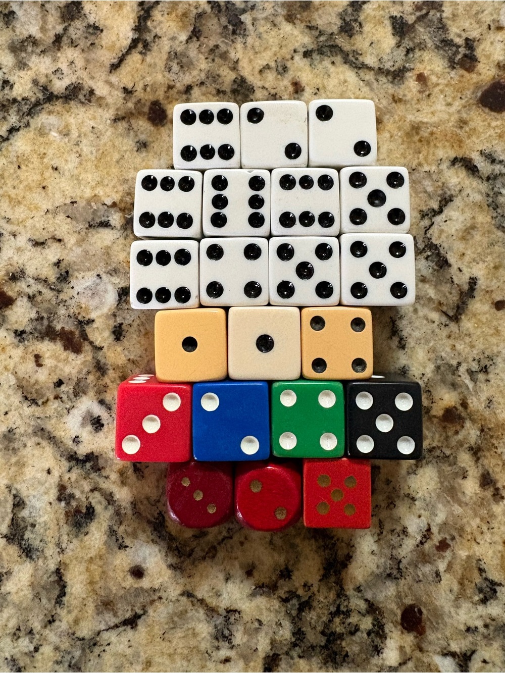 21 Assorted Dice Set - White, Red, Blue, Green, Black, Tan